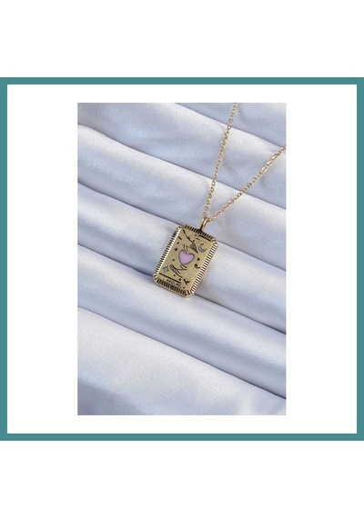 Bezos 316l Çelik Zincir Eskitme Gold Renk Pembe Mineli Kalp Figürlü Tarot Kolye Mac