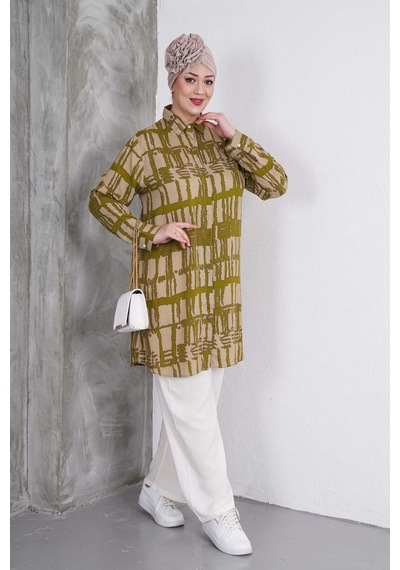 Polologin Butik Yeşil Çizgili Tunik Ve Krem Pantolon Takım Yeşil & Krem