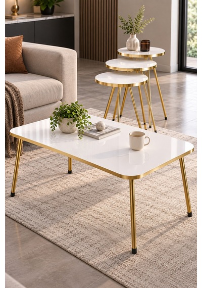 Sulorahome Gold Metal Ayaklı Beyaz 4'lü Sehpa Seti Beyaz - Altın