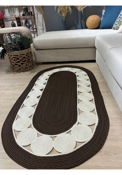 Mavaux Cookie Jüt Hasırlı El Örgüsü Kilim Kahverengi - Krem