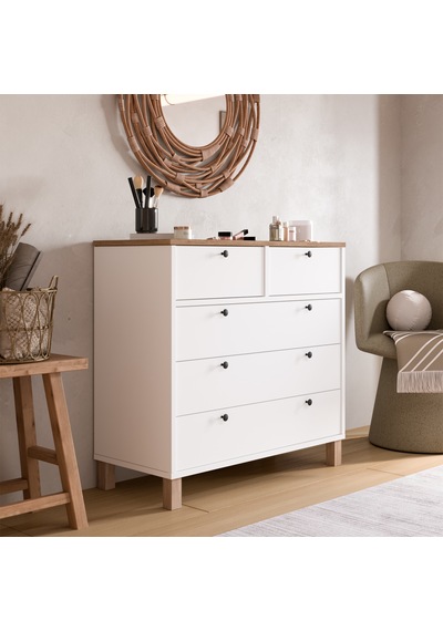 Robin Home Alaska Şifonyer 5 Çekmece Ahşap Ayaklı Sepet-beyaz Beyaz