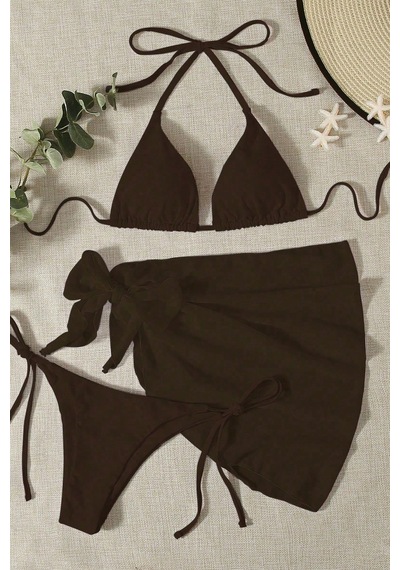 Angelsin Pareolu Bağlamalı 3'lü Bikini Takım Set Çıkartılabilir Kaplı Siyah