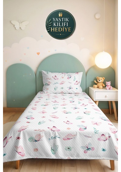 Evimde Bambaşka Kelebek Pastel Pembe Tek Kişilik Kız Çocuk Pike Takımı - Çiçekli Genç Odası Yatak Örtüsü-160x220  CM