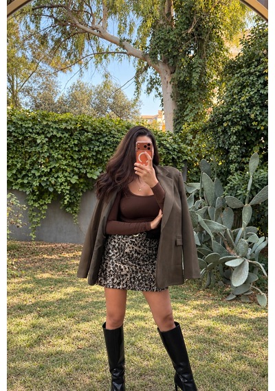 Byemelika Haki Süet Dokulu Oversize Kadın Blazer Ceket