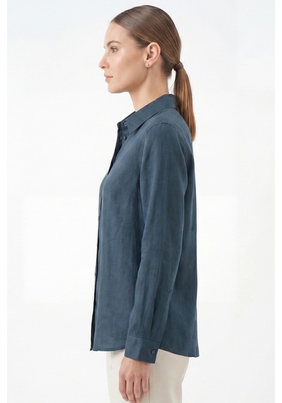 Goffra Kadın Gia %100 Doğal Keten Gömlek - Klasik Yaka Basic Minimalist Tasarım Lacivert W207-k0401-03