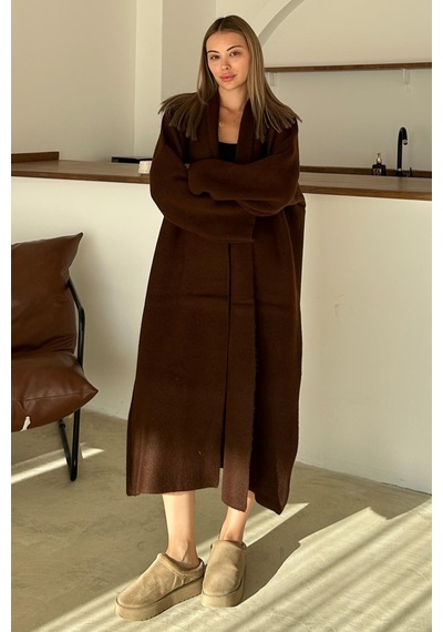 Olcay Oversize Kalın Triko Uzun Hırka Kahve 8274