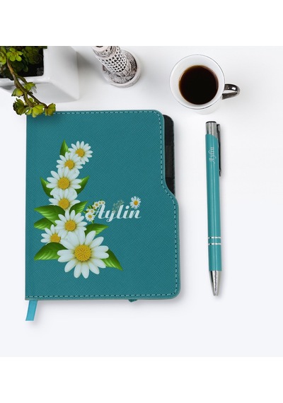 Kişiye Özel Papatya Temalı Turkuaz Termo Deri Defter Kalem Seti-8