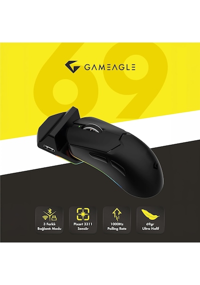 Tracker Pro Rgb Kablosuz 2.4ghz Bluetooth Kablolu Dock Şarj İstasyonlu 69gr 1khz 12000dpı Oyuncu Mouse Siyah