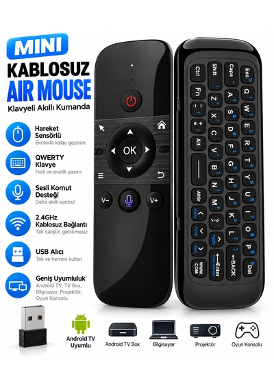 Mini Kablosuz Air Mouse Klavyeli Kumanda Android Tv / Tv Box /pc/projektör Uyumlu