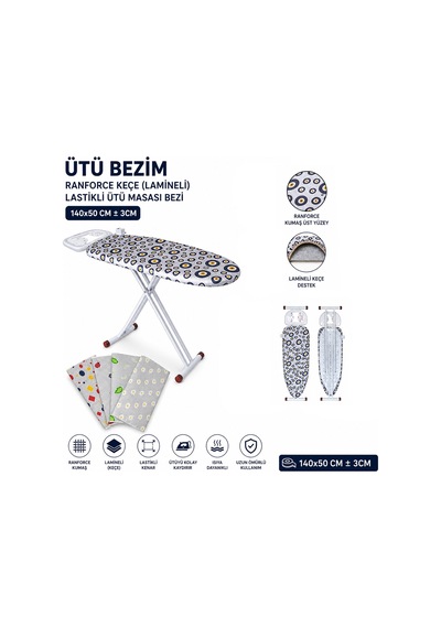 Ranforce Keçe Lamineli Lastikli Ütü Masası Bezi 140x50 Cm Çok Renkli