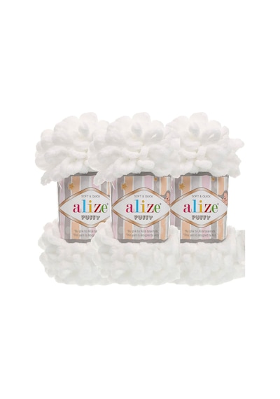 Puffy 3 Lü Paket El Örgü İpi - Şişsiz 100g X 3 Adet Renk No: 55 - Beyaz