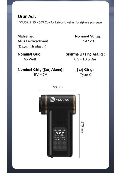 Hb-805 Çok Fonksiyonlu Taşınabilir Araç Pompası Şişirme,süpürme Vakumlu Temizleme,üfleme Ve Aydınlatma Makinesi 0 - 150 Psı 0 - 10 Bar