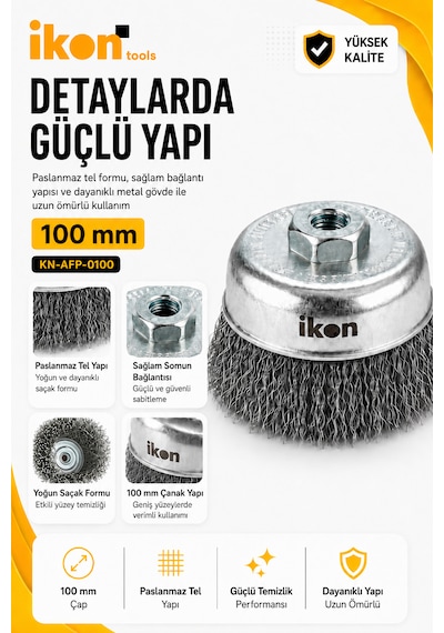 İkon Tools Paslanmaz Saçaklı Çanak Fırça 100 Mm M14x2 Spiral Uyumlu Pas Boya Çapak Temizleme Fırçası
