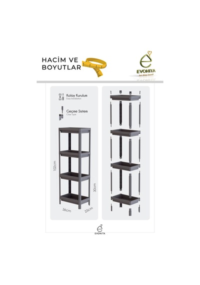 4 Katlı Banyo Rafı Organizer Şampuanlık Havluluk Çok Amaçlı Mutfak Banyo Düzenleyici Vesken Renkli