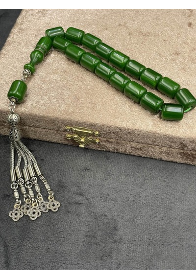 Efe Boy Alpaka Zincir Püsküllü Hamur Yeşili Sıkma Kehribar Tesbih 11x14 Mm Yeşil