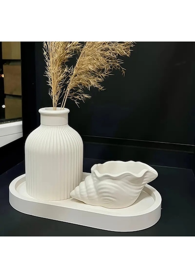 Bernami Biblo Pinterest Dekoratif 3 Parça Vazo Seti Oval Tepsi ,pampas Vazo Ve Deniz Kabuğu Şamdan Mumluk Seti Biblo