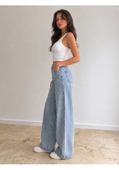 St.poll Christian 90's Açık Mavi Palazzo Salaş Paça Süper Yüksek Bel Jean Pantolon