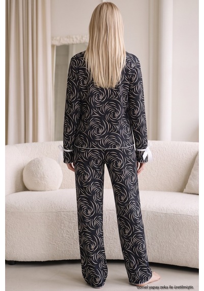 Siyah İnci Desenli Bürümcük-krınkıl Kurdele Detaylı Düğmeli Hırka Pijama Takım 26223921 siyah