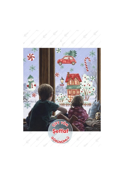 Yılbaşı Karlı Ev Ağaçlar Yeni Yıl Süsleri Çocuk Bebek Odası Sticker Seti - Şeffaf Dijital Baskı