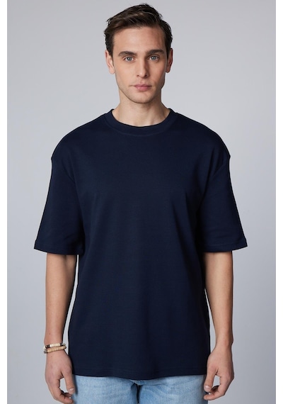Tudors Unisex Oversize Geniş Kesim Pamuklu Yumuşak Dokulu Basic Bisiklet Yaka Lacivert Tişört-30844-lacivert Lacivert