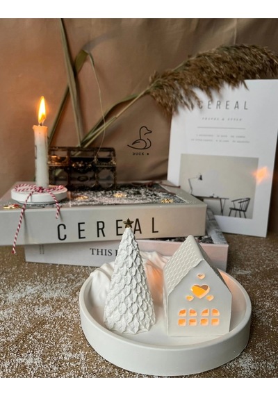 Dağ Görünümlü Tabak Çukur Ev Şeklinde Tealight Mumluk Çam Ağacı Dekor Set