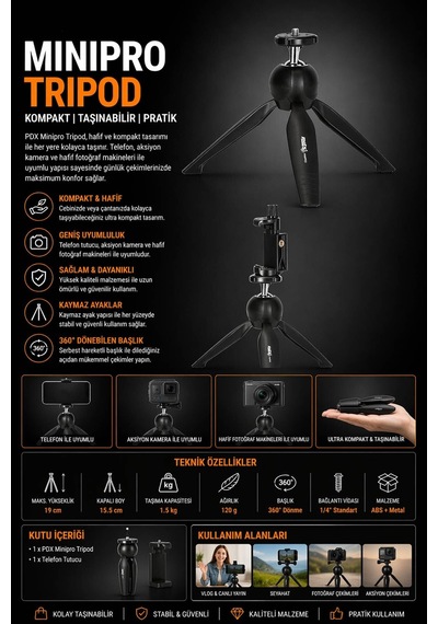 Pdx Mini Pro Tripod Kompakt Taşınabilir