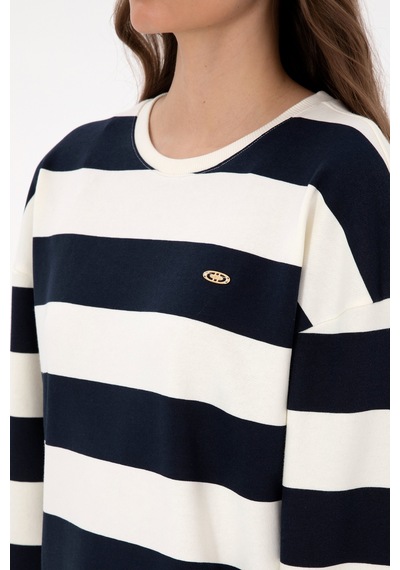U.S. Polo Assn. Kadın Lacivert Çizgili Bisiklet Yaka Sweatshirt 50313563-VR033