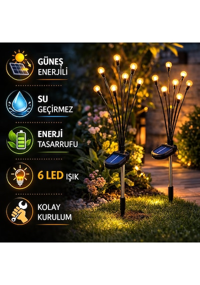 Güneş Enerjili Ateş Böceği Bahçe Lambası 1 Adet 6 Lı Demet Solar Dekoratif Bahçe Aydınlatması Şeffaf