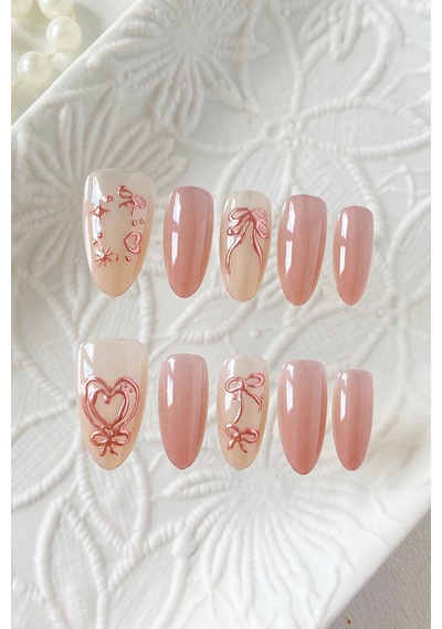 Xsmall Beden Uzun Badem Pembe Kalp Desenli 10 Adet Takma Tırnak Seti T104 Kalp Nail Art