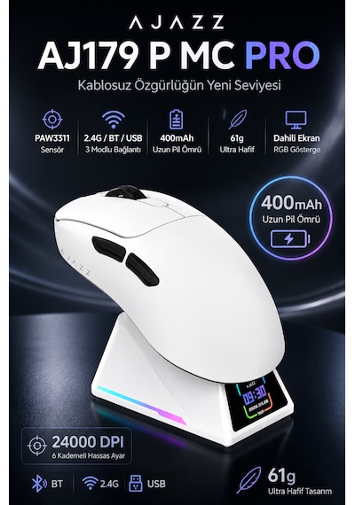Aj179 P Mc Pro Tft Ekranlı Şarj İstasyonlu 24.000 Dpı Paw 3311 Oyuncu Mouse Aj179p Mc Pro Beyazzz
