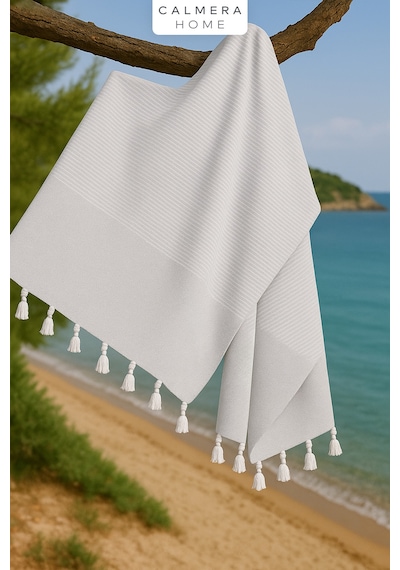 Calmera Çizgili Peştemal Pamuk - Doğal Saçaklı Plaj, Deniz, Havuz, Spa, Sauna, Spor, Seyahat Havlu - Gri