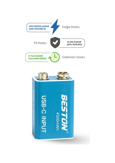 Type-c Usb Şarjlı 9v Pil Beston 1200mah 4500mwh Uzun Ömürlü 500 Şarj Döngüsü