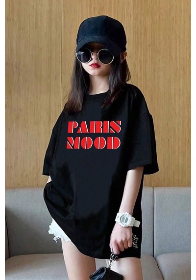 Uyguntarz Çocuk Paris Mood Baskılı Pamuklu Tshirt Siyah