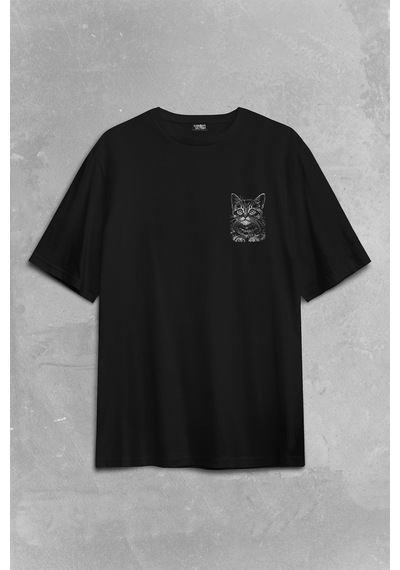 Siyah Kedi Black Cat Silüet Çizim Sırt Ön Baskılı Oversize Tişört Unisex T-shirt 001