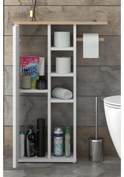 Dar Alanlar İçin Çok Amaçlı Klozet Yanı Banyo Dolabı - Raflı Kapaklı Tuvalet Kağıdı Askılı- Beyaz Beyaz