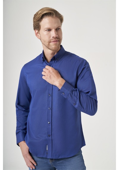 İmza Lacivert Düğmeli Yaka Oxford Slim Fit Pamuklu Gömlek 1004265124 Açık Lacivert