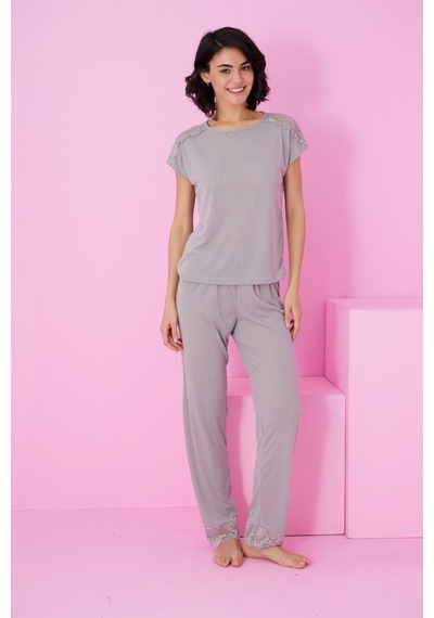 Siyah İnci Soft Touch İnce Mevsimlik Dantel Detaylı Örme Pijama Takım7864 Gri