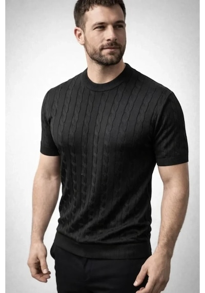 Butik İstanbul Erkek Yazlık Triko Dokuma Tişört Kısa Kol Bisiklet Yaka Örgü Desenli T-shirt - Siyah