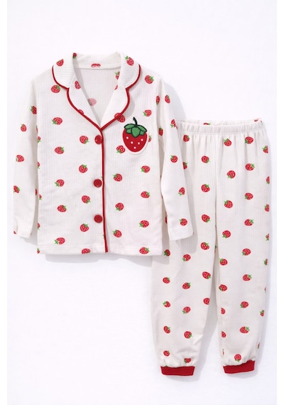 Poli Foni Çilek Desenli Yakalı Önü Düğmeli Kız Çocuk Pijama Takımı Beyaz