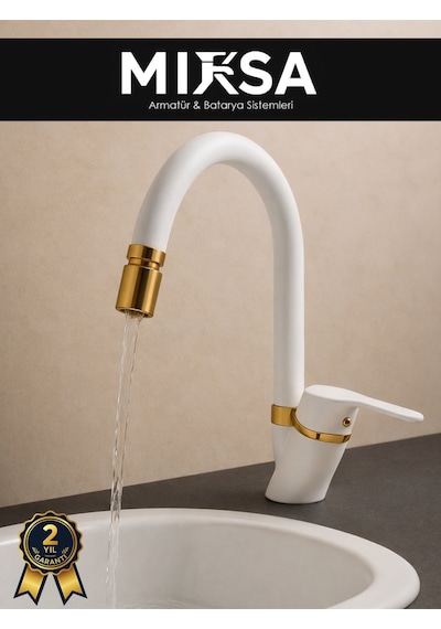 Lüx Beyaz-gold Baston Borulu Oynar Başlıklı Perlatörlü Banyo Lavabo Bataryası, Çiftsugirişli