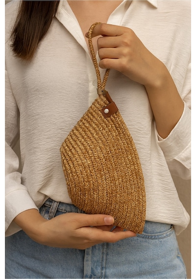 Adelina Bags Kadın Hasır El Askılı Portföy Clutch El Çantası Vizon