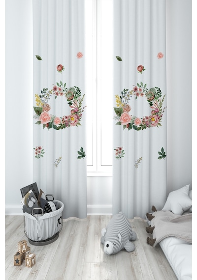 Mekta Home Bebek Ve Çocuk Odası Çiçekli Çelenk Desenli 2 Kanat Fon Perde