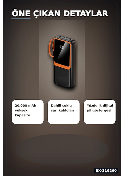 20000 Mah Powerbank Dahili Çoklu Kablolu Ve Dijital Göstergeli Taşınabilir Şarj Cihazı Bx-316260 Çok Renkli