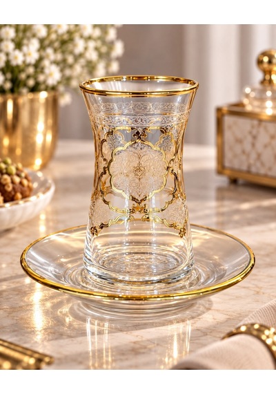 6 Kişilik 12 Parça Premium Gemma Gold Çay Takımı-7958 Şeffaf