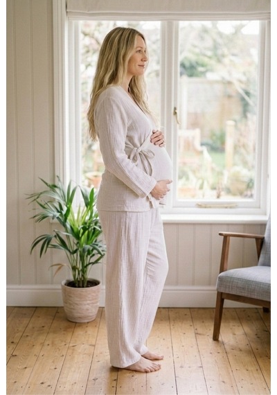 Combattente Exclusive Products Combattente Pamuk Müslin Hamile Lohusa Karın Üstü Pijama Takımı ekru