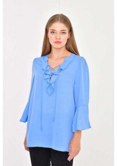 Myline Kadın Önü Ve Kolları Volanlı Bluz 45838 Mavi