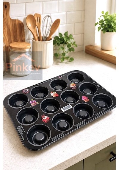 12 Bölmeli Yapışmaz Teflon Kaplama Çelik Muffin Kek Kalıbı Siyah