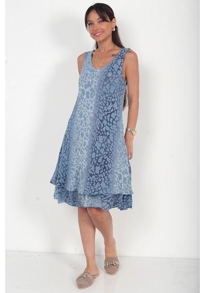 By Saygı Kadın İtalyan Cotton Leopar Desenli Astarlı Sıfır Kol Midi Elbise İndigo