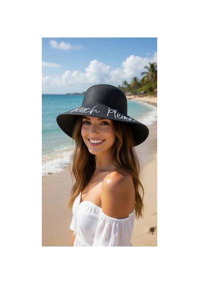 Mollycrush Kadın Siyah Beach Please Hasır Şapka Yazlık Şık Model Siyah