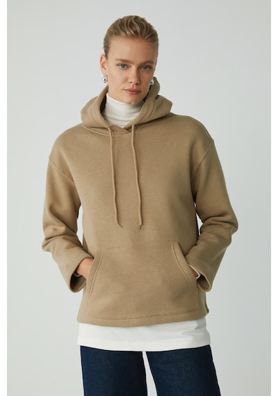 Ethıquet Pıper Kadın Içi Polarlı Yumuşacık Comfort Fit Kapüşonlu Kanguru Cepli Bej Sweatshirt